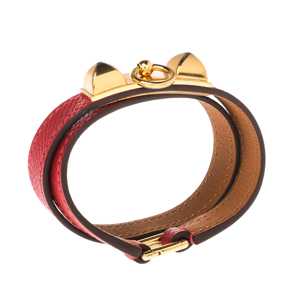 

Hermes Rouge Casaque Epsom Leather Gold Plated Rivale Double Tour Bracelet, Red