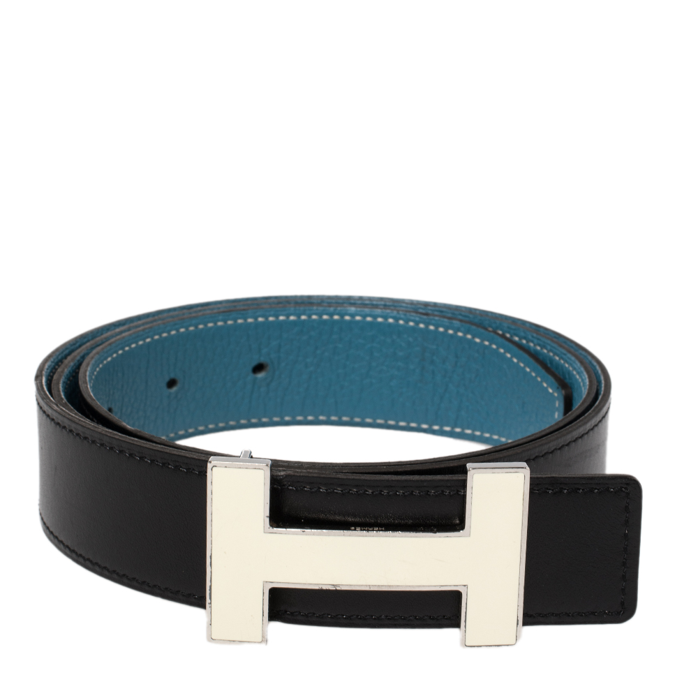

Hermes Noir/Bleu Jeans Chamonix and Togo Leather Constance Reversible Belt, Black