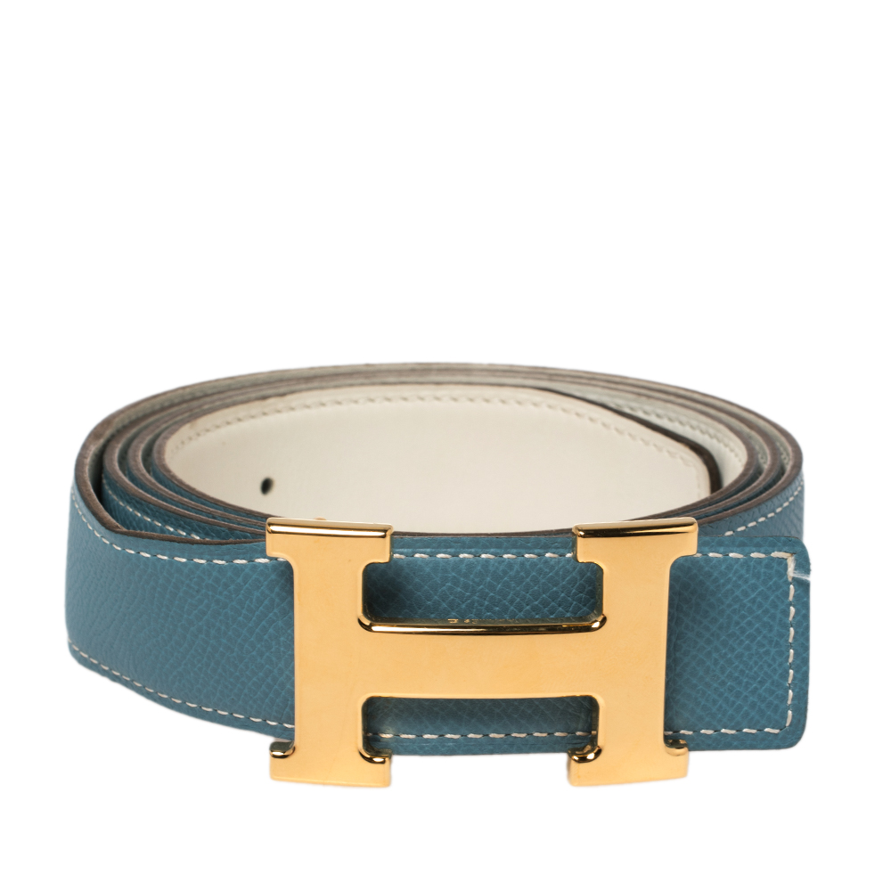 

Hermes Bleu Jean/White Swift and Epsom Leather Constance Reversible Belt, Blue