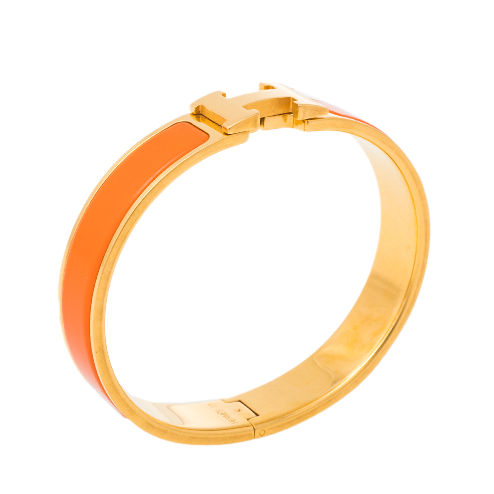

Hermès Clic H Orange Enamel Gold Plated Narrow Bracelet PM