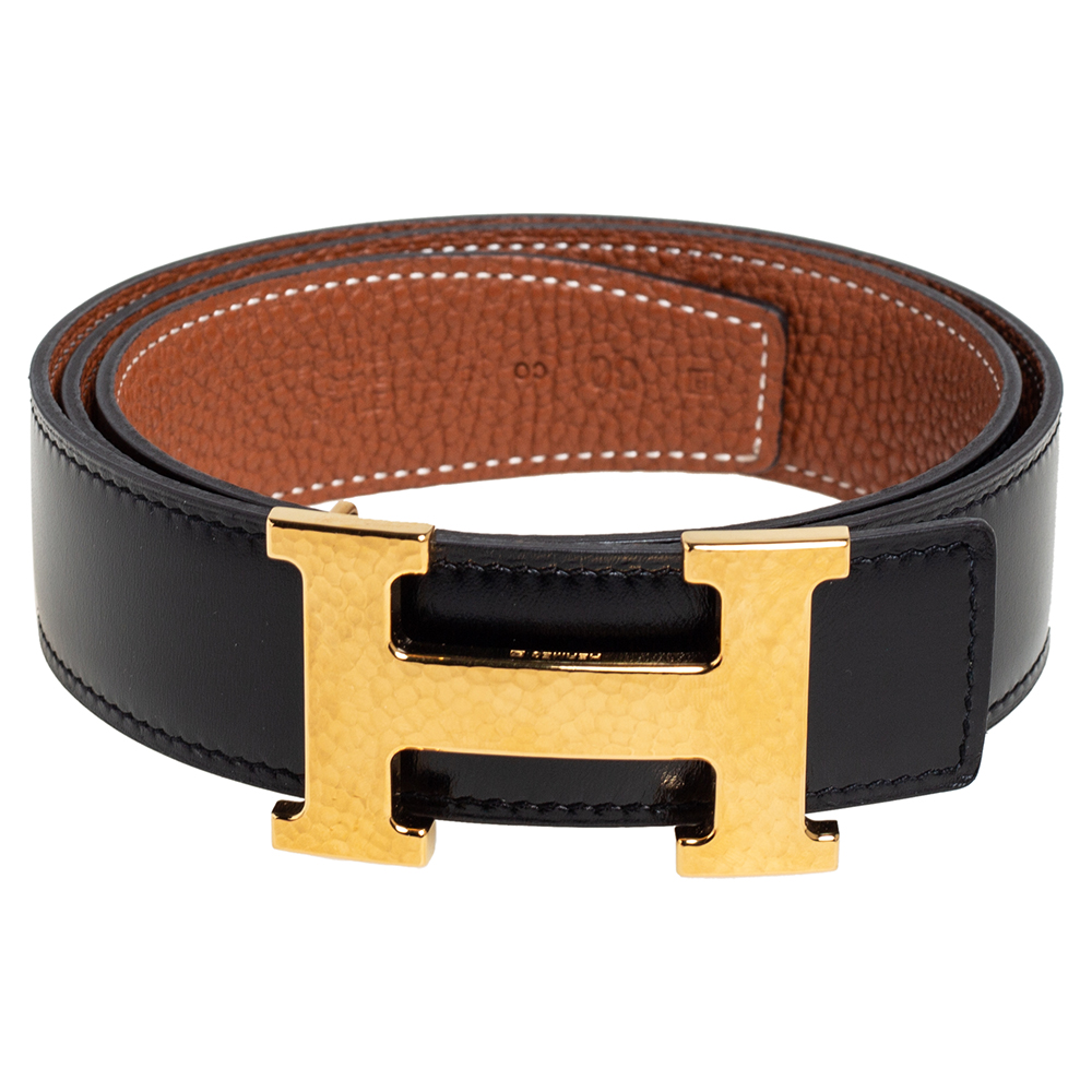 

Hermes Noir/Gold Box and Togo Leather Hammered Finish H Buckle Reversible Belt, Black