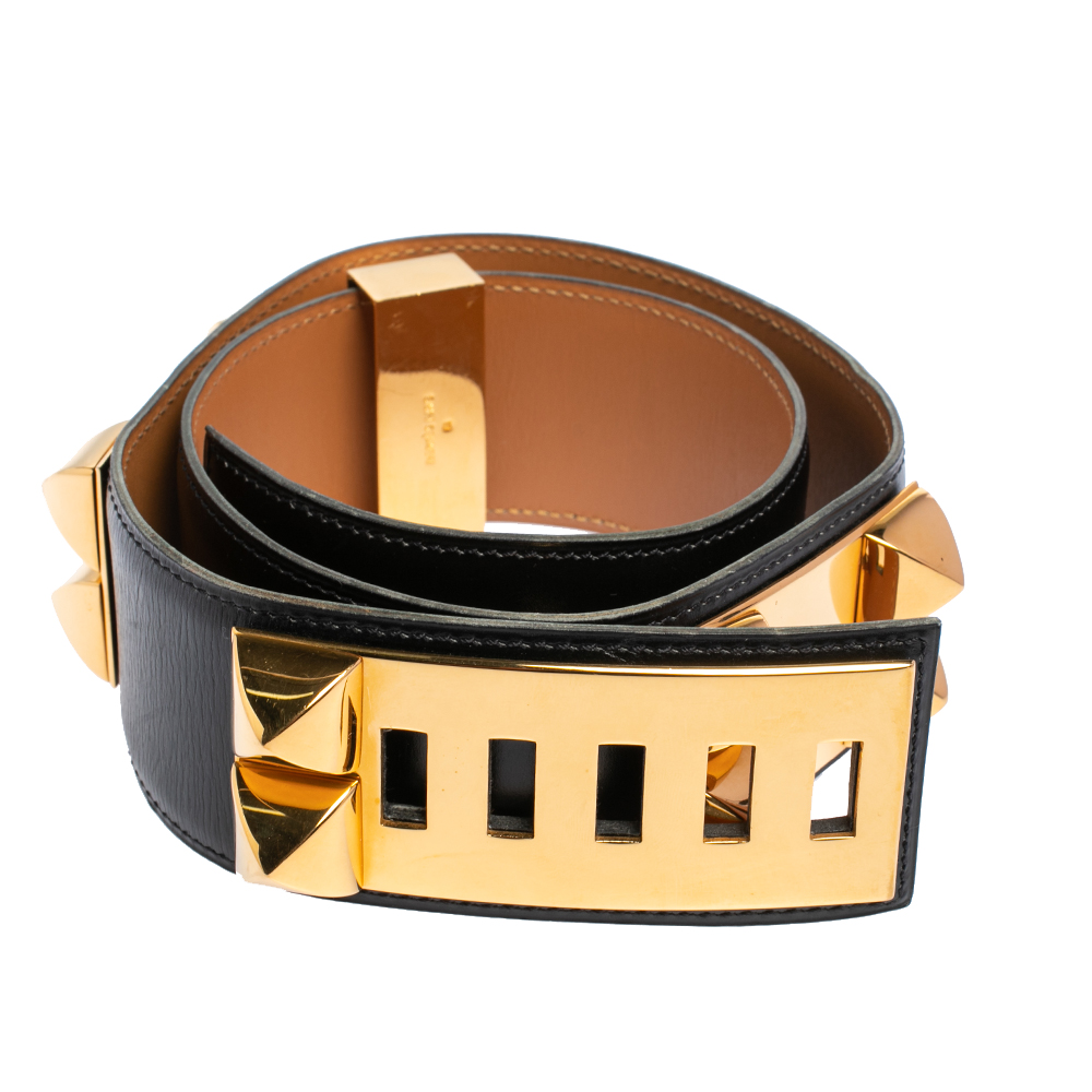 

Hermes Noir Box Leather Gold Hardware Collier de Chien Belt, Black
