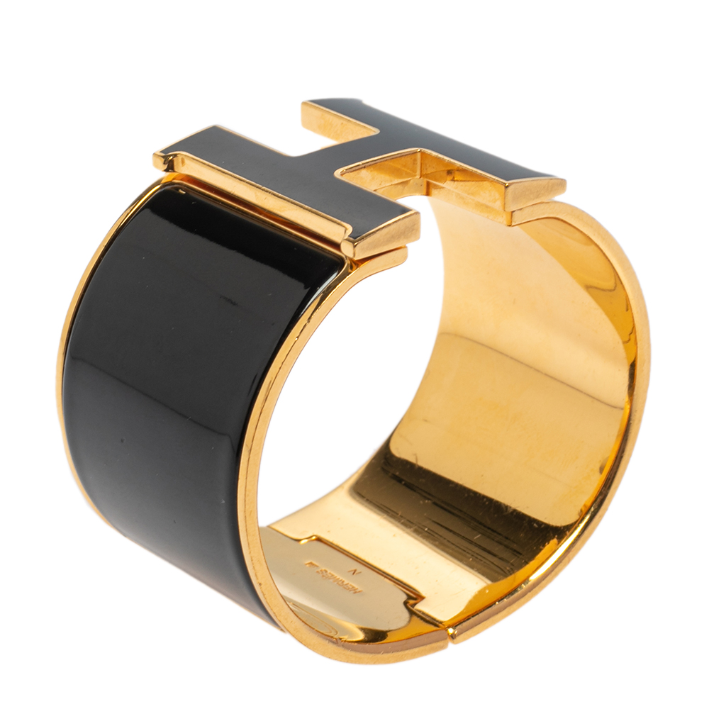 

Hermès Clic Clac H Black Enamel Gold Plated Extra Wide Bracelet PM