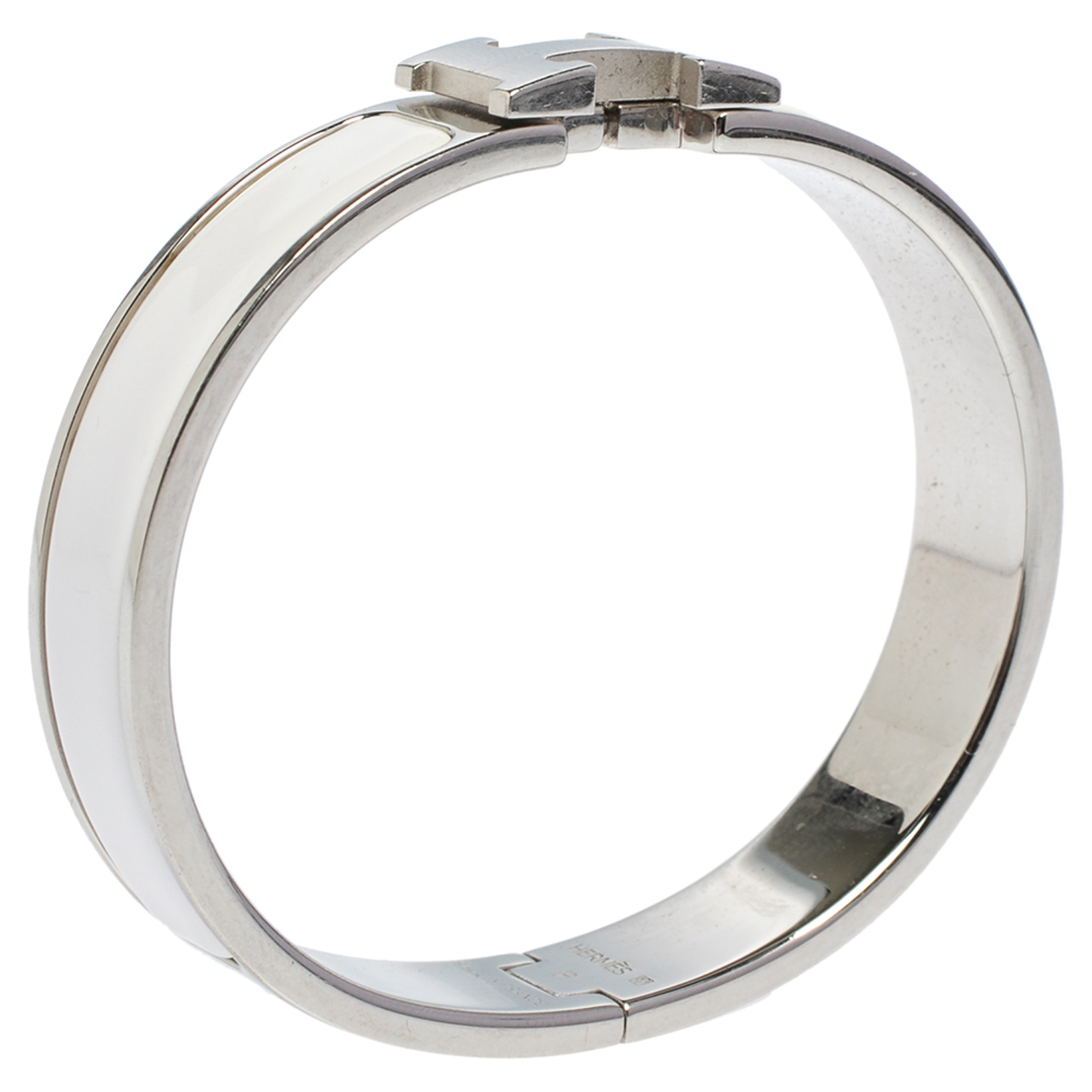 

Hermès Clic H White Enamel Palladium Plated Narrow Bracelet PM