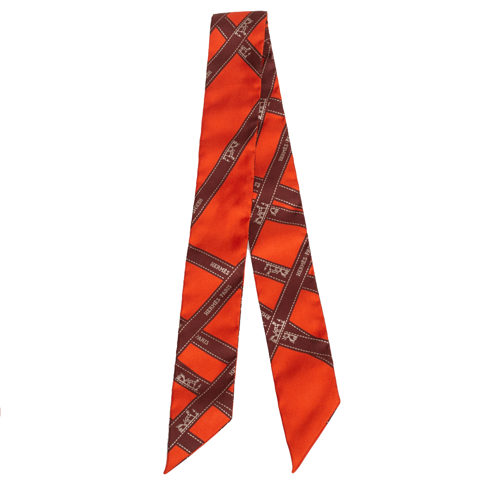 

Hermes Orange & Brown Logo Ribbon Bolduc Silk Twilly