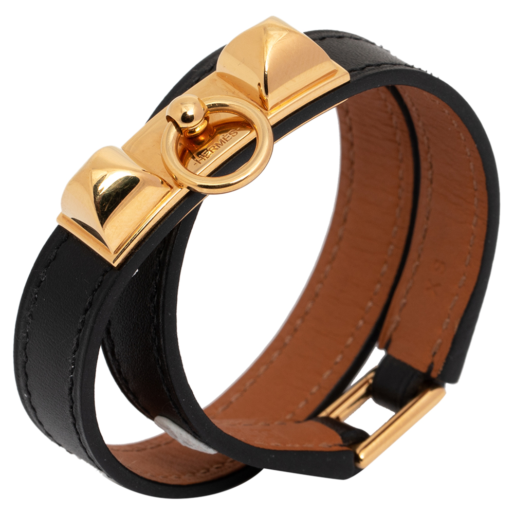 

Hermes Black Leather Gold Plated Rivale Double Tour Bracelet