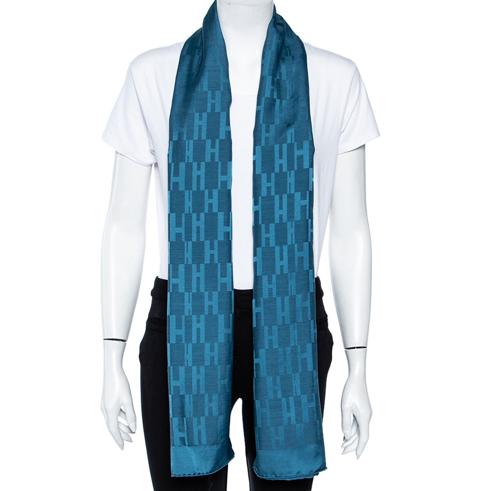 

Hermès Blue Faconnee Grand H Silk Wool Scarf