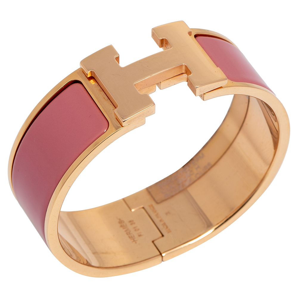 

Hermès Clic Clac H Rose Velours Enamel Gold Plated Wide Bracelet PM, Pink