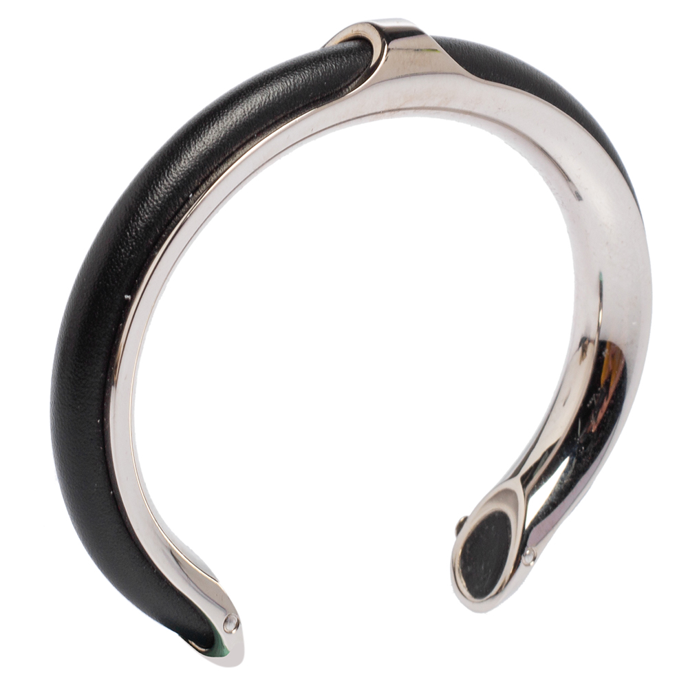 

Hermès Black Leather Palladium Plated Kyoto Cuff Bracelet