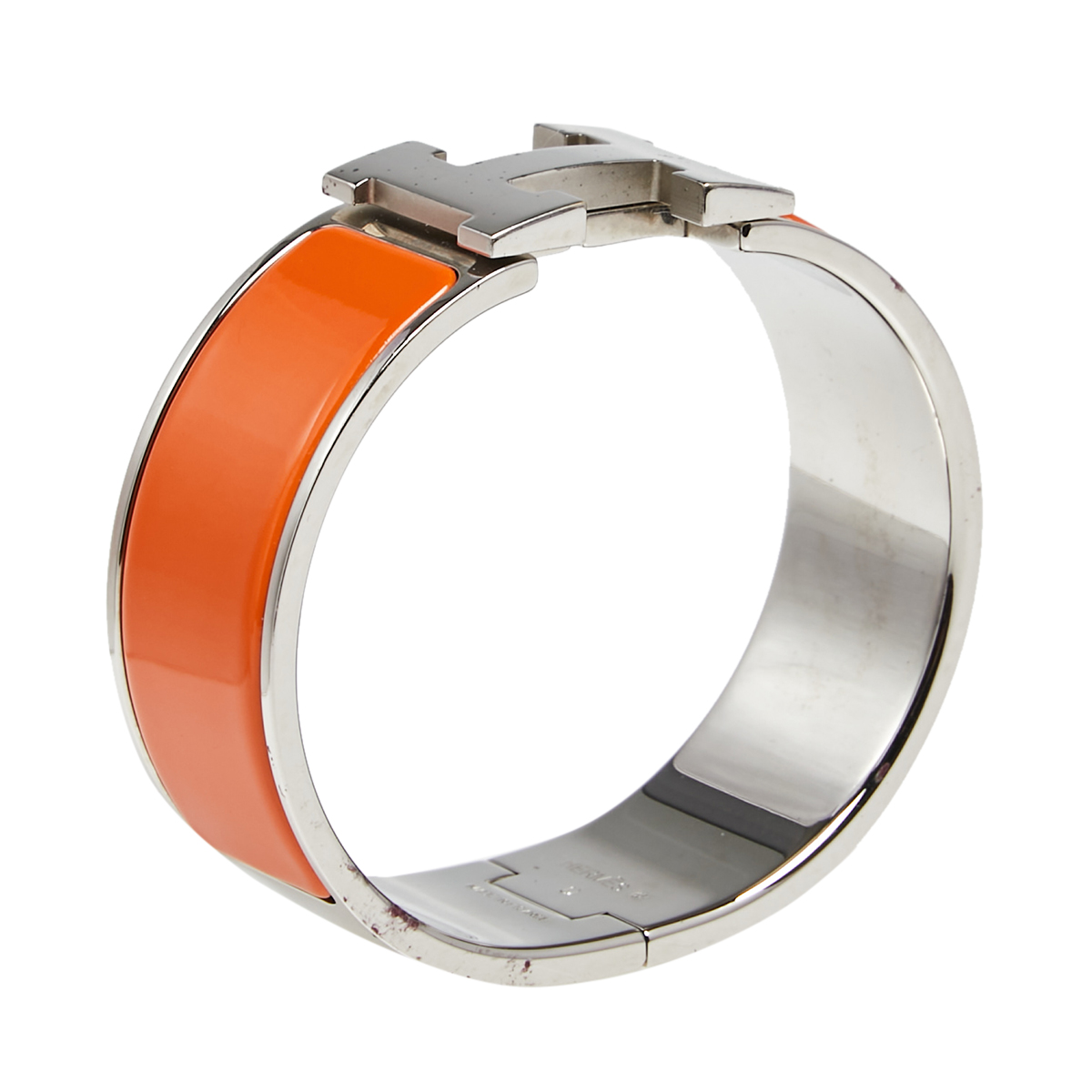 

Hermès Clic Clac H Orange Enamel Palladium Plated Wide Bracelet PM