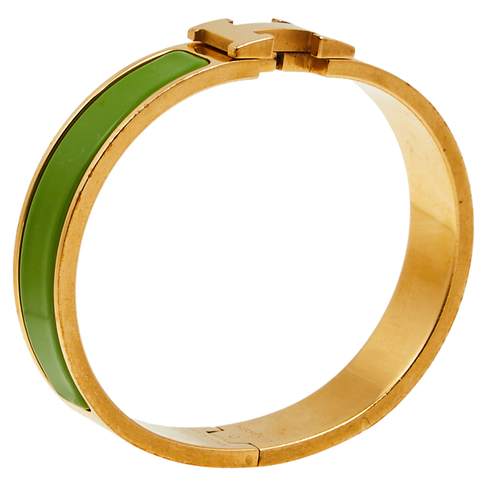 Hermès Clic H Green Enamel Palladium Plated Narrow Bracelet PM
