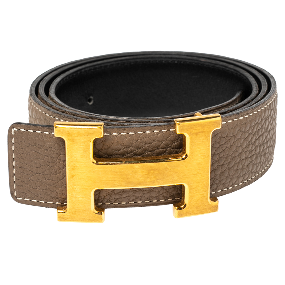 

Hermes Etain/Black Clemence and Swift Leather H Buckle Belt, Beige