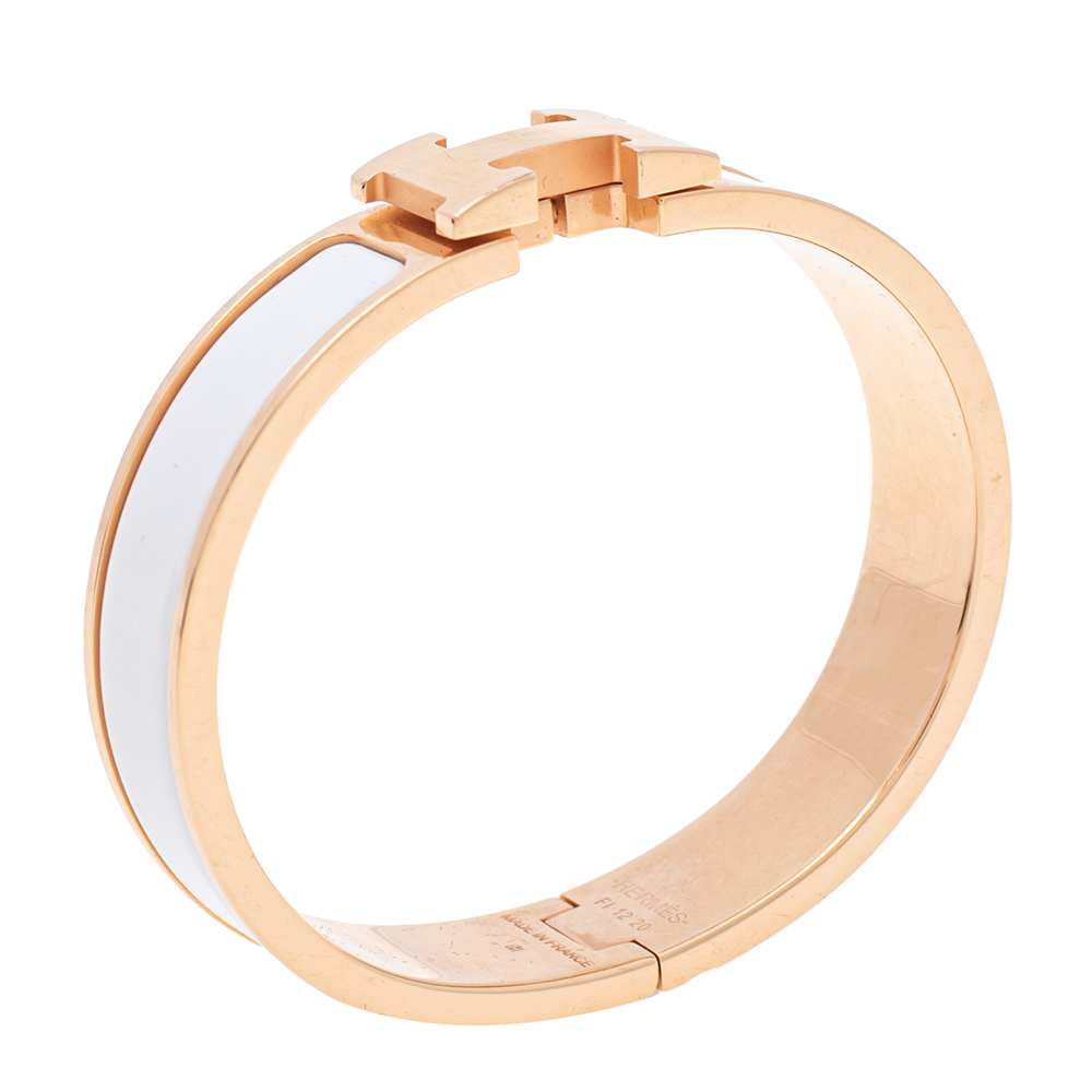 

Hermès Clic H White Enamel Rose Gold Plated Narrow Bracelet PM