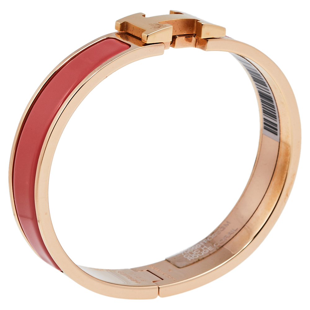 

Hermès Clic H Rouge Corail Enamel Rose Gold Plated Narrow Bracelet GM, Pink