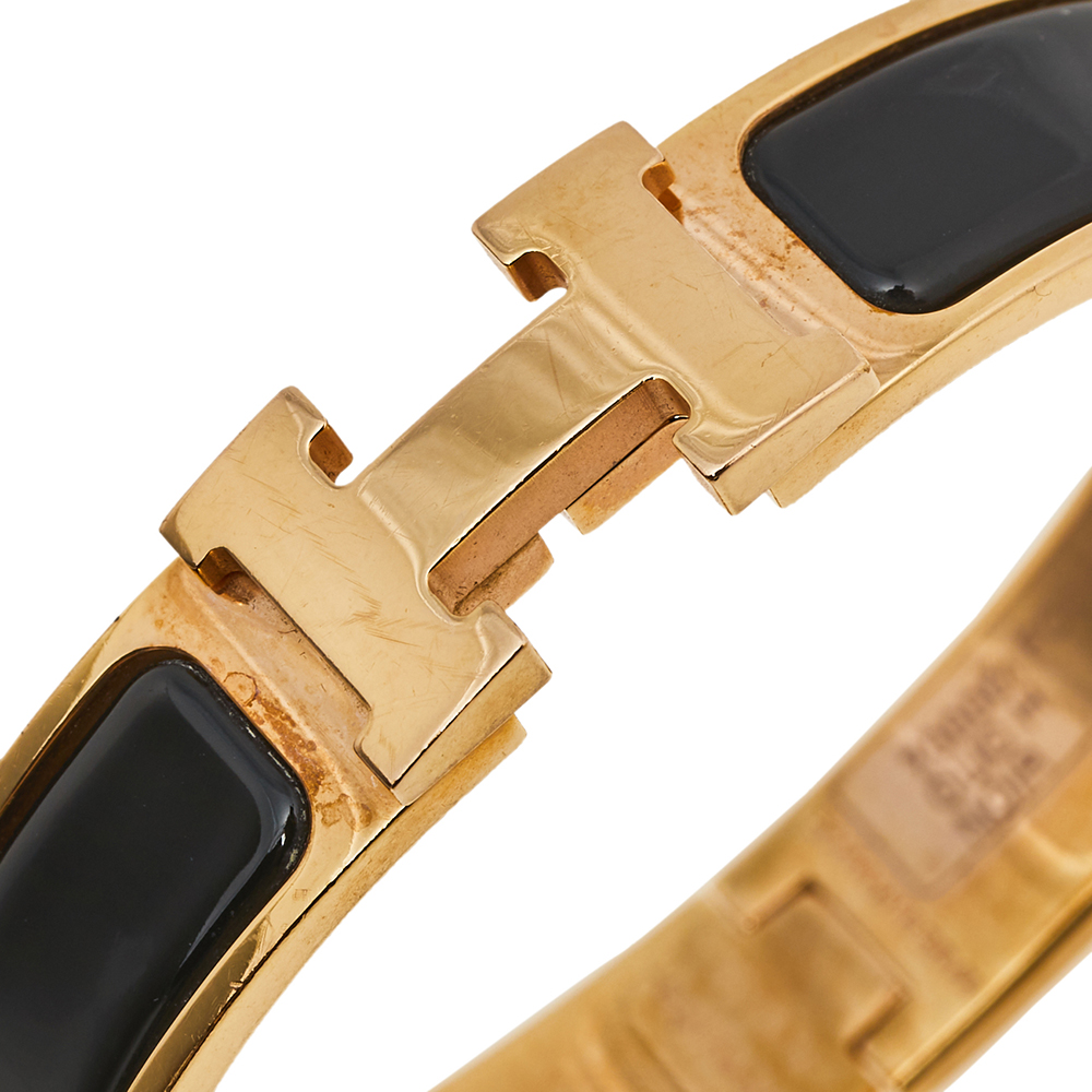 

Hermès Clic H Black Enamel Gold Plated Narrow Bracelet PM