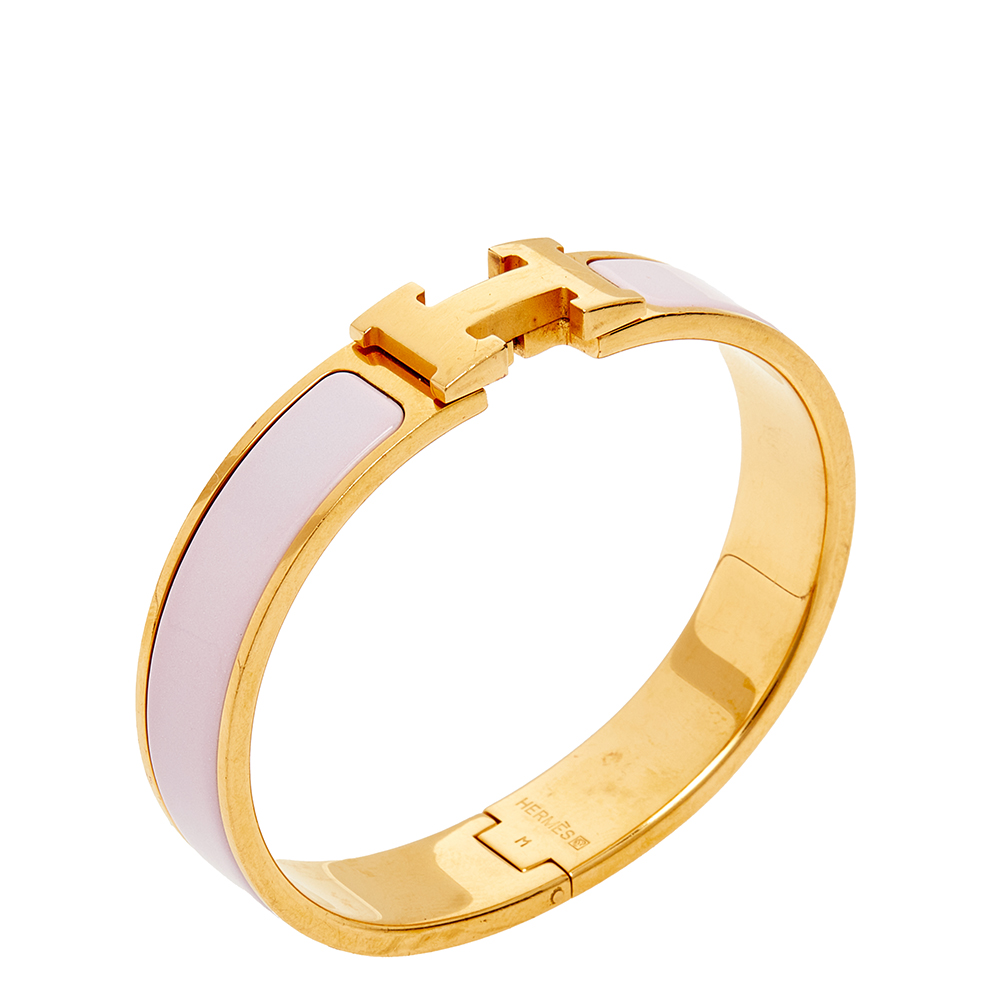 

Hermès Clic H Pale Pink Enamel Gold Plated Narrow Bracelet PM