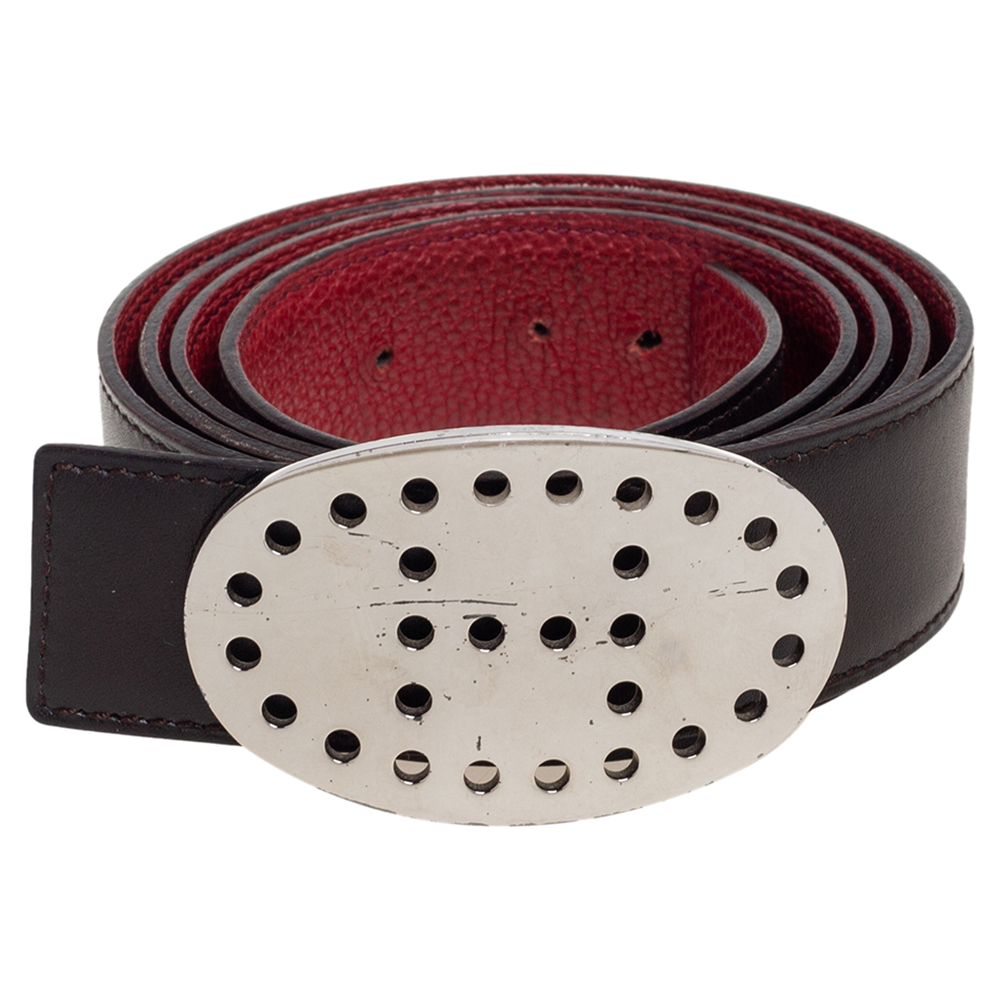 

Hermes Moka/Vermillon Togo and Box Leather Evelyne Buckle Belt, Brown