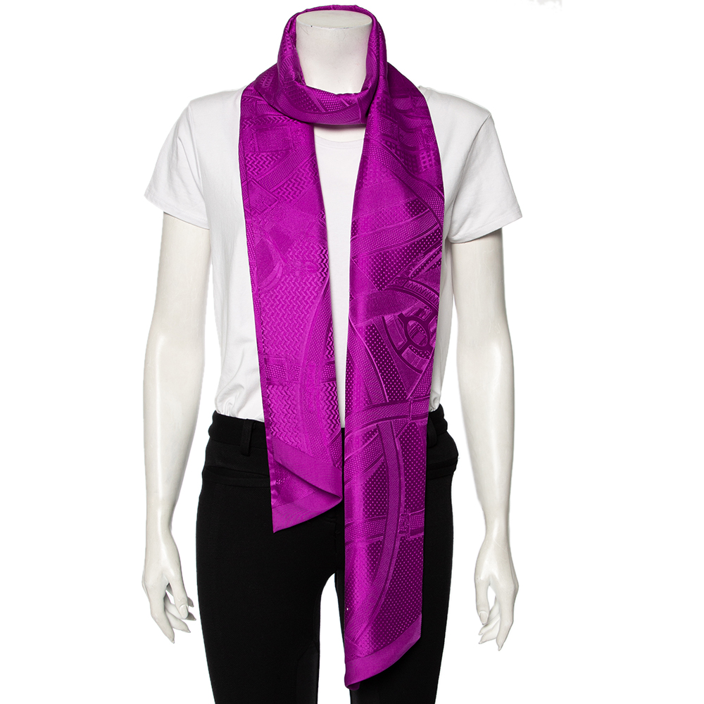 

Hermès Purple Cavalcadour Motif Silk Jacquard Maxi Twilly Scarf