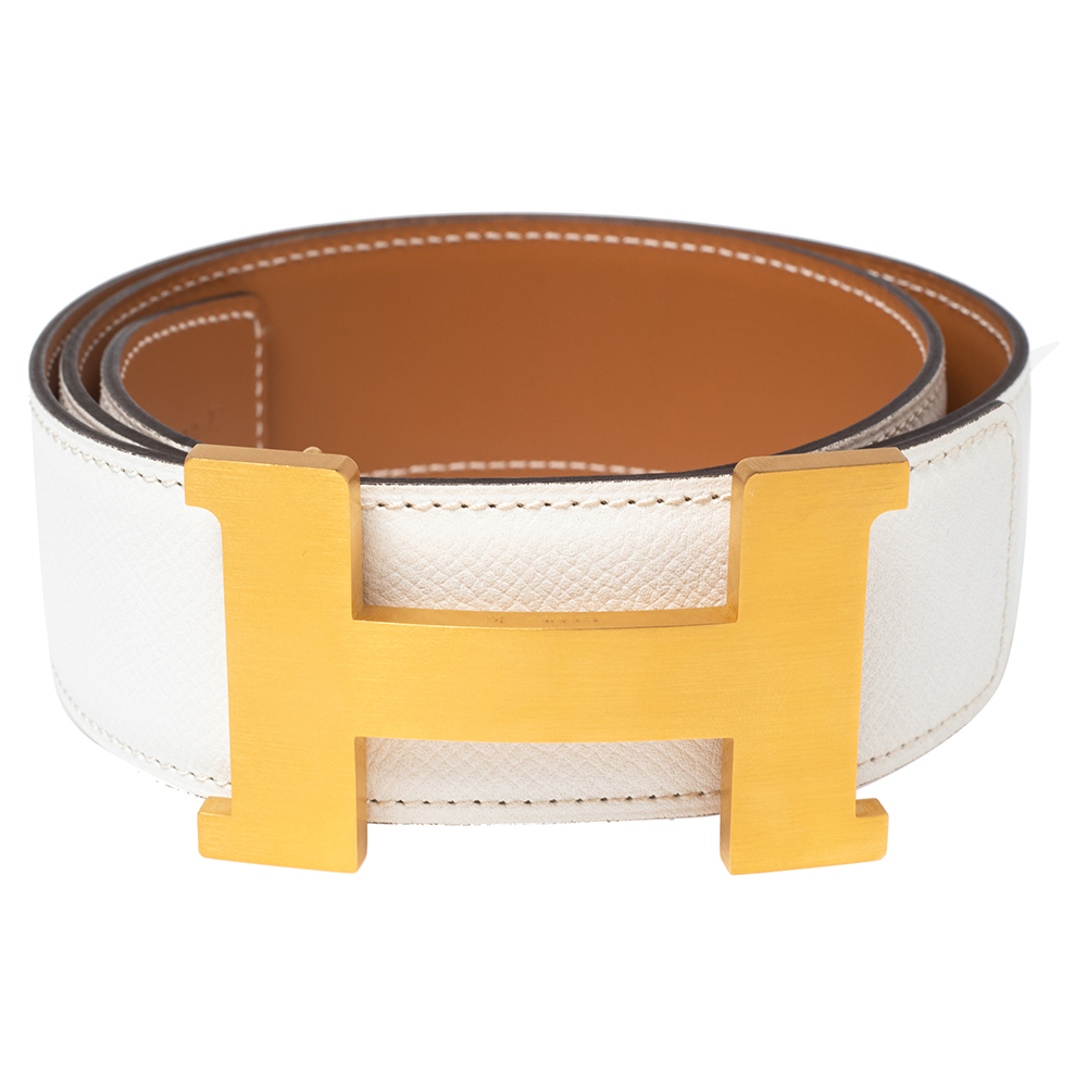 

Hermes Blanc/Gold Epsom And Swift Leather Reversible Constance Belt, White