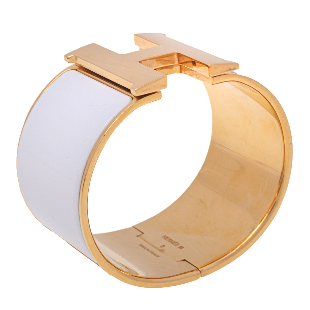 

Hermès Clic Clac H Extra Wide White Enamel Gold Plated Bracelet PM