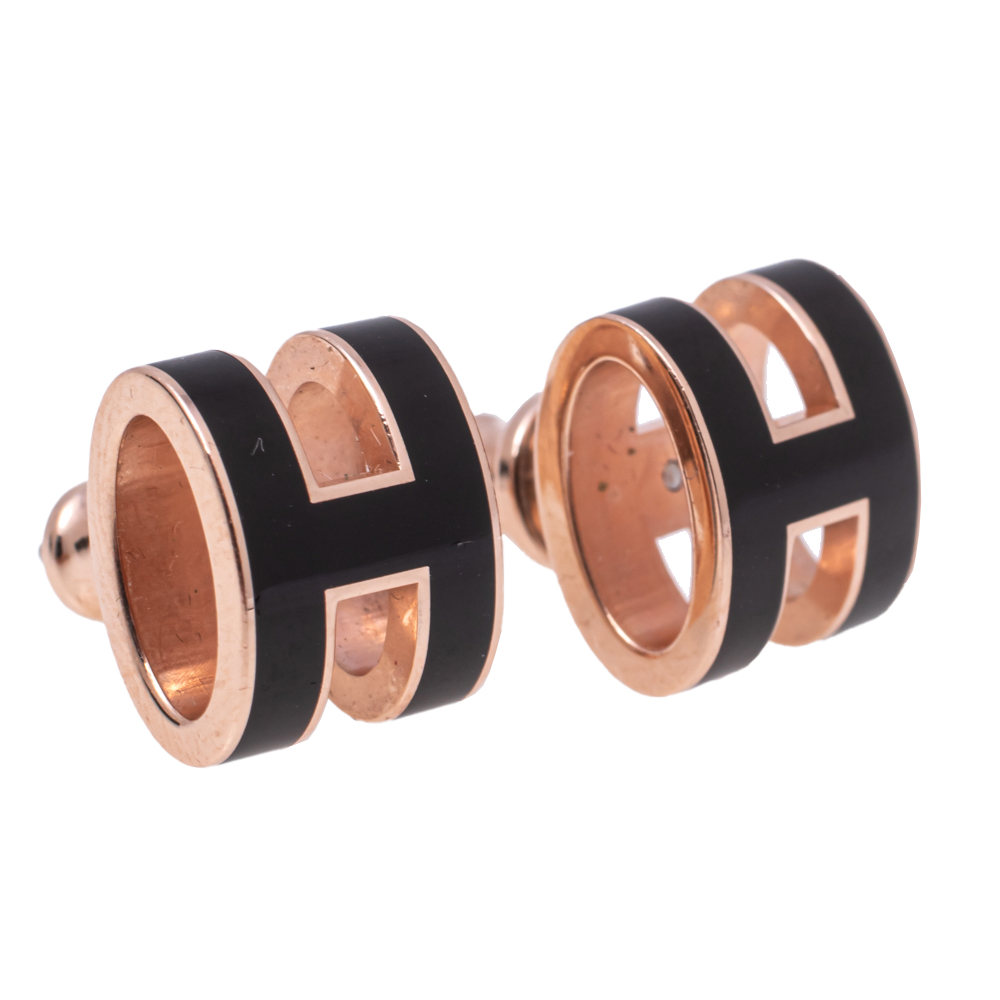 

Hermès Mini Pop H Black Lacquered Rose Gold Plated Stud Earrings