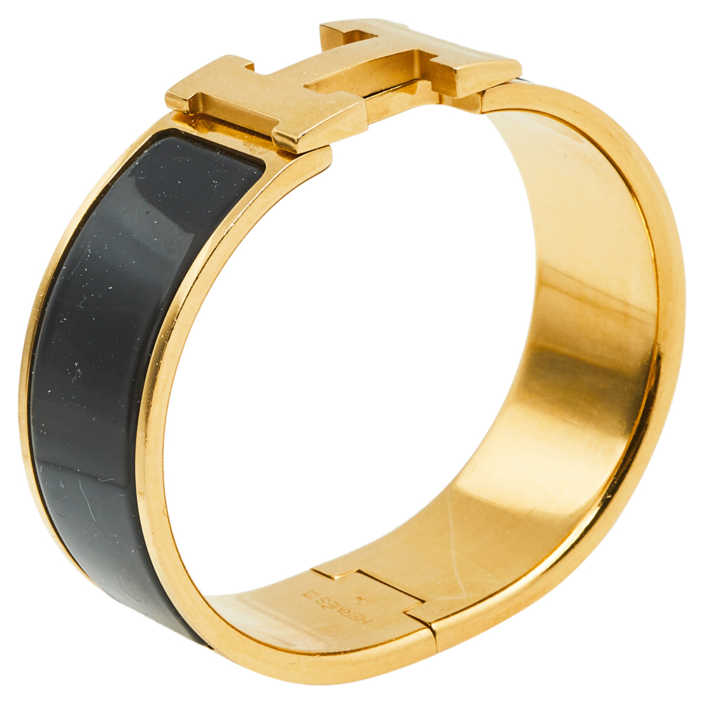 

Hermès Clic Clac H Black Enamel Gold Plated Wide Bracelet