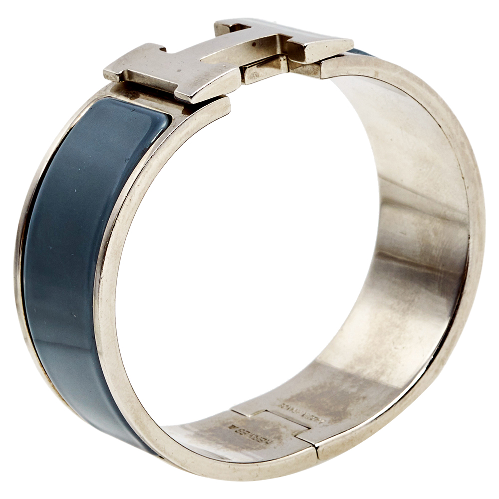 Hermès Clic Clac H Grey Enamel Palladium Plated Wide Bracelet