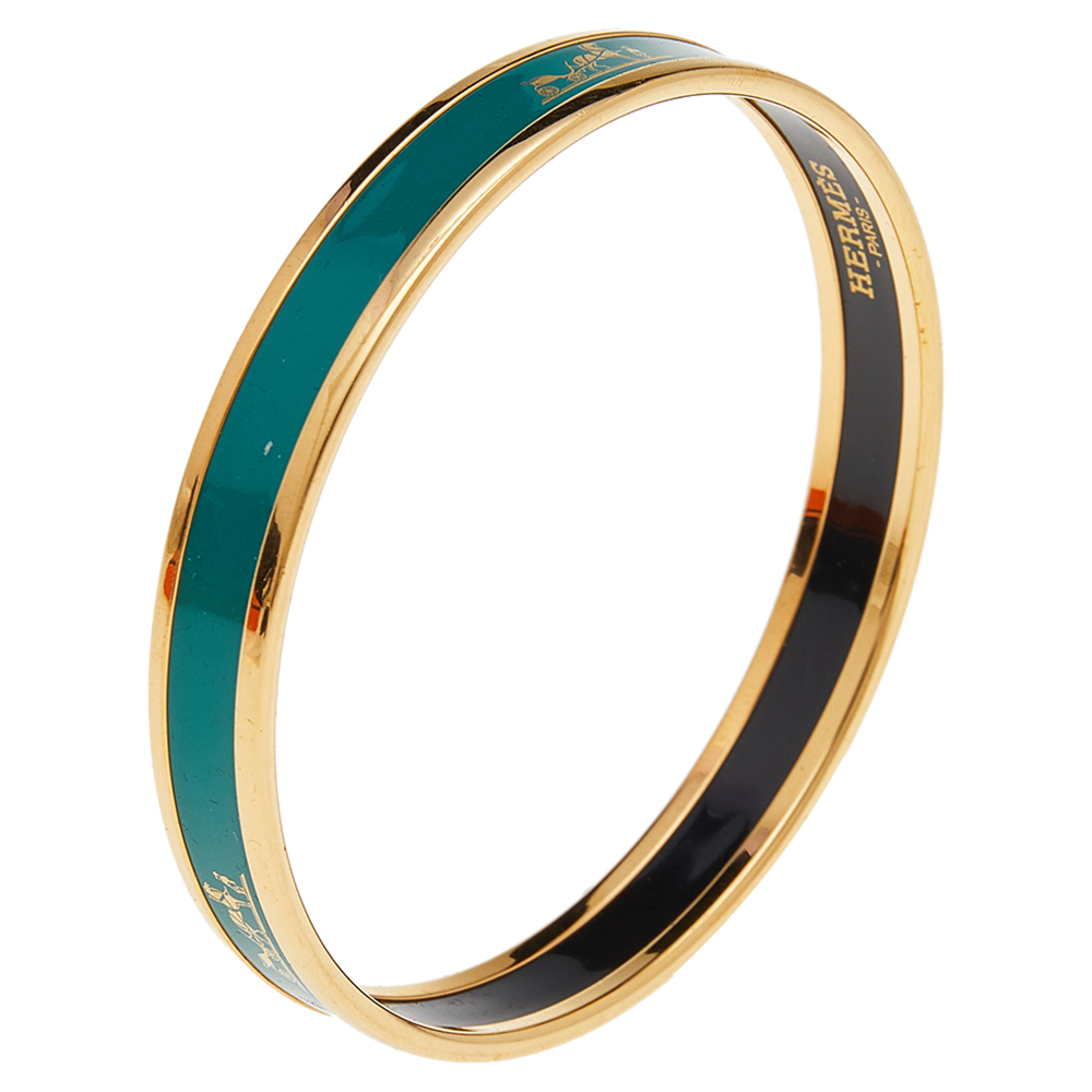 Hermès Calèche Green Enamel Gold Plated Bangle Bracelet