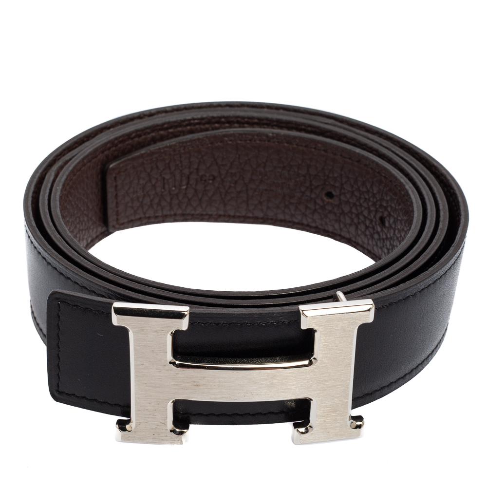 

Hermes Black/Chocolate Chamonix and Togo Leather H Buckle Reversible Belt