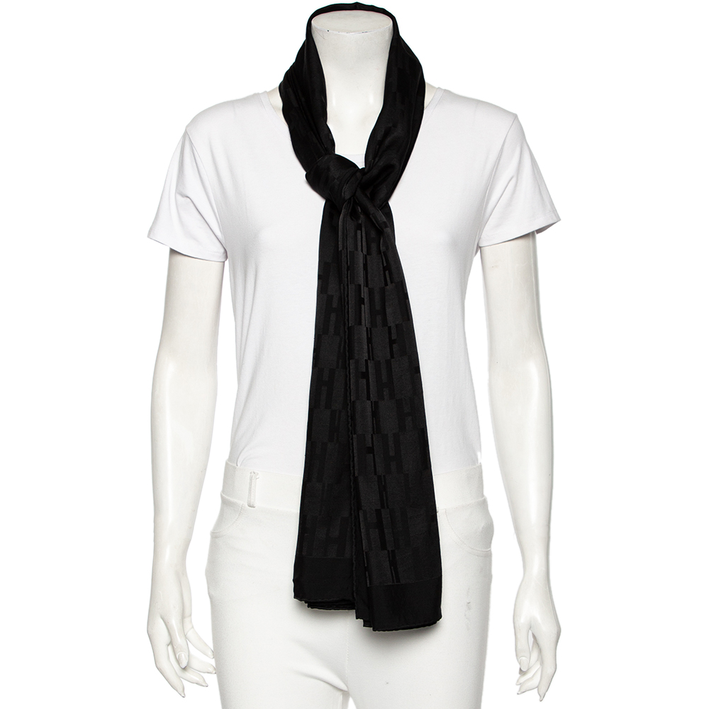 

Hermés Black Silk and Wool Faconnee Grand H Pattern Scarf