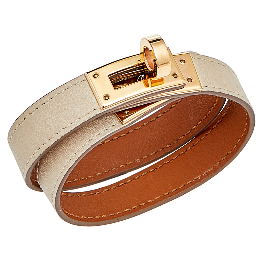 

Hermes Beige Leather Gold Plated Kelly Double Tour Bracelet