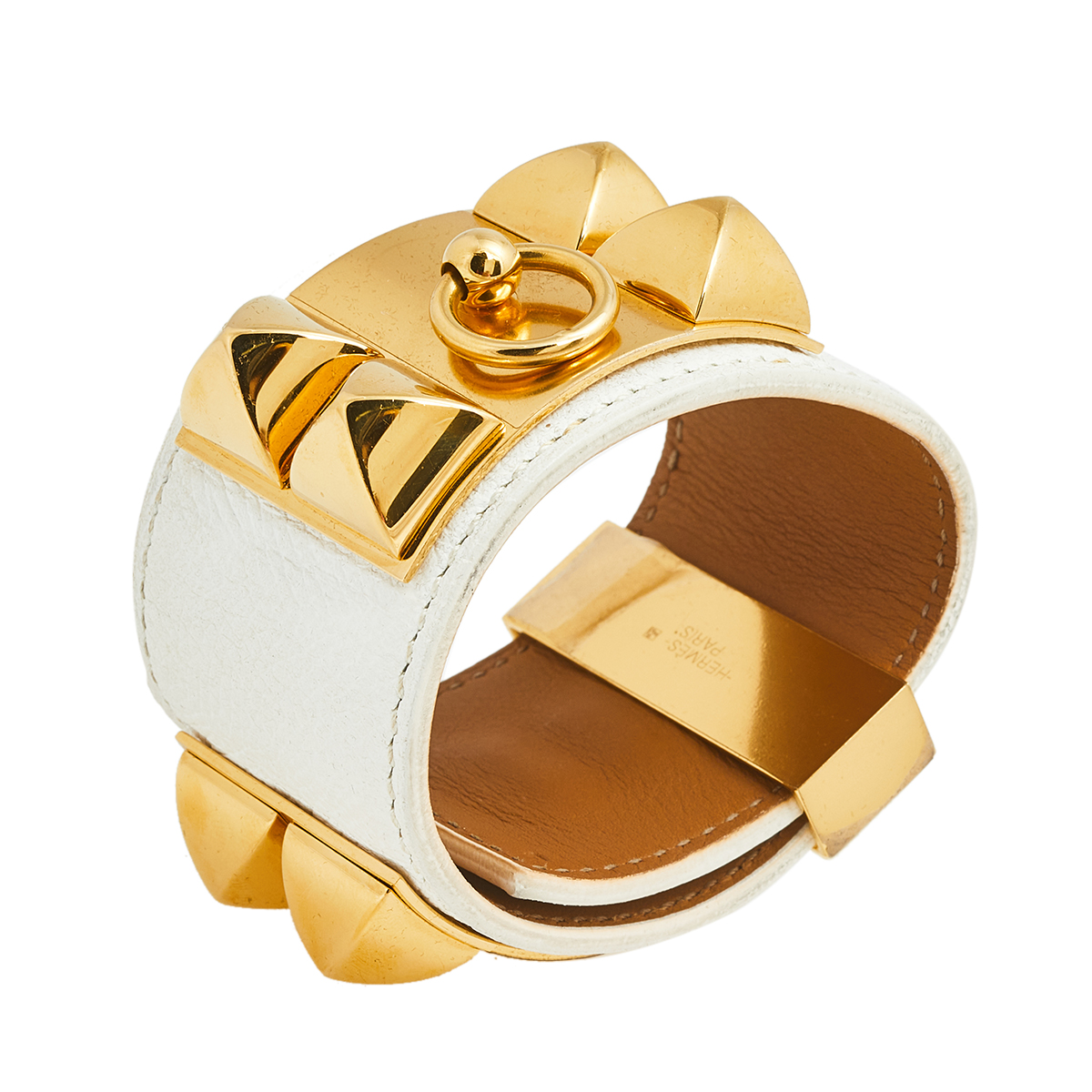 

Hermès White Leather Gold Plated Collier de Chien Cuff Bracelet