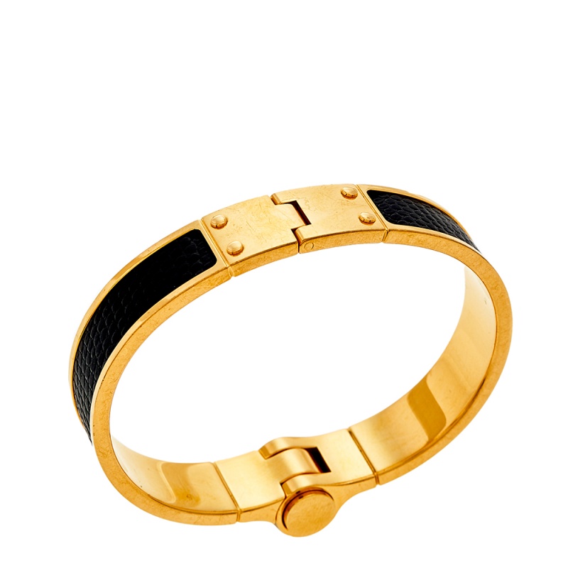 

Hermès Black Lizard Leather Gold Plated Narrow Hinged Bracelet