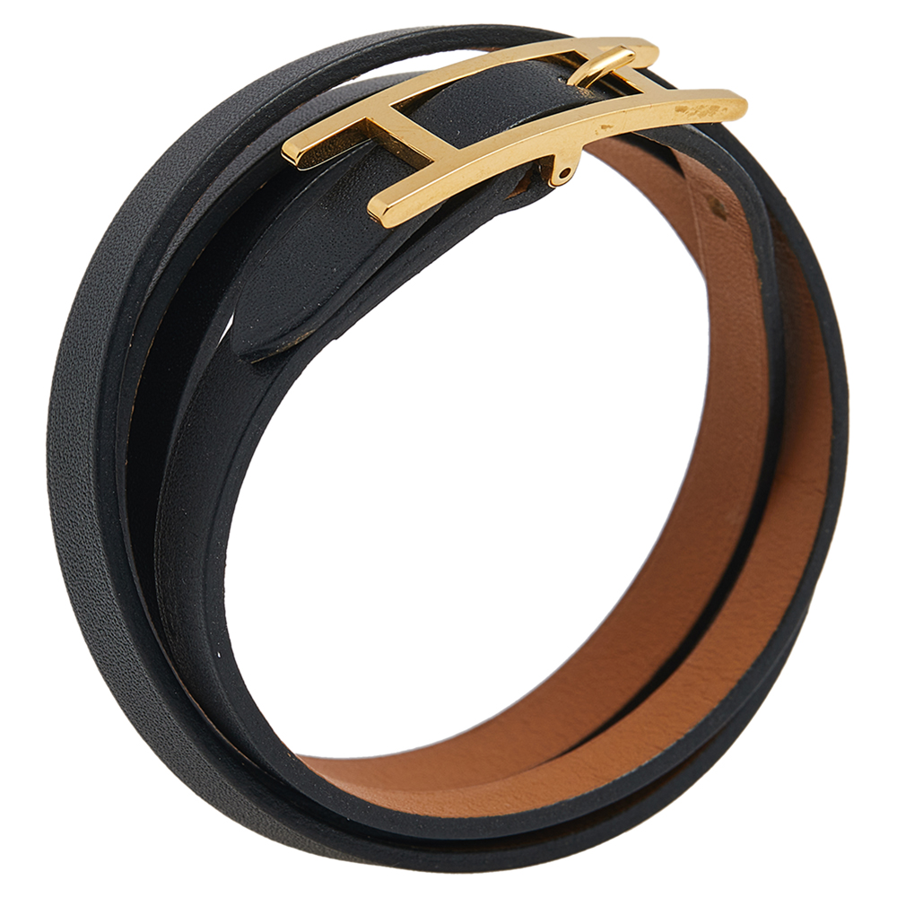 

Hermès Black Leather Gold Plated Hapi 4 Quad Tour Bracelet