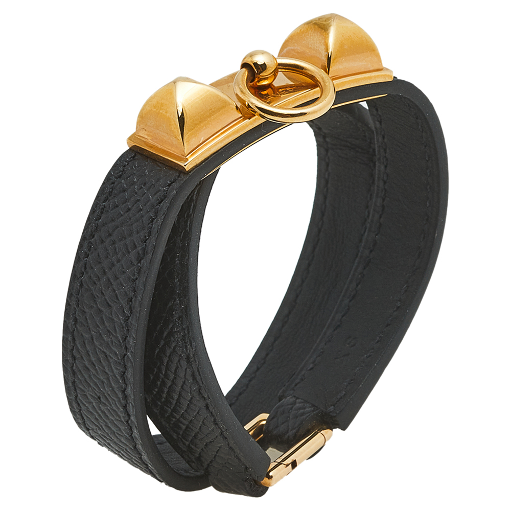 

Hermès Rivale Black Leather Rose Gold Plated Double Tour Bracelet