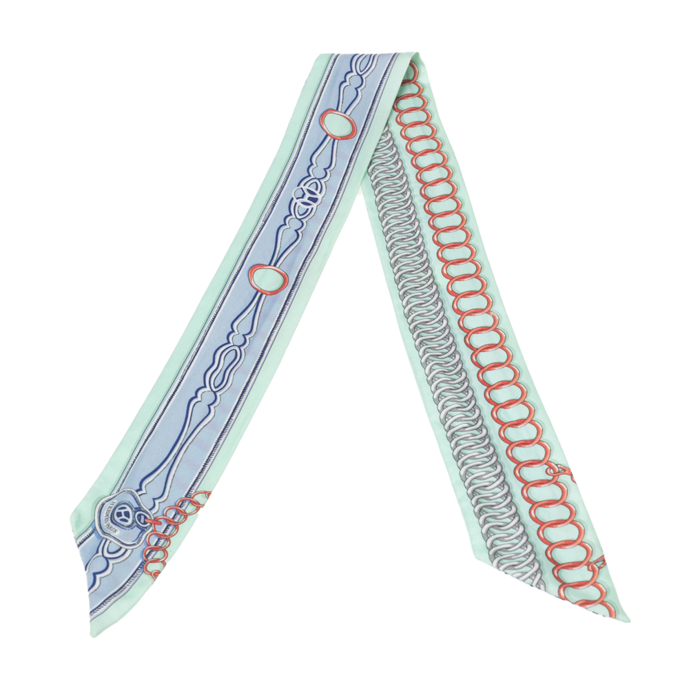 

Hermes Green & Blue Chain Print Silk Twilly