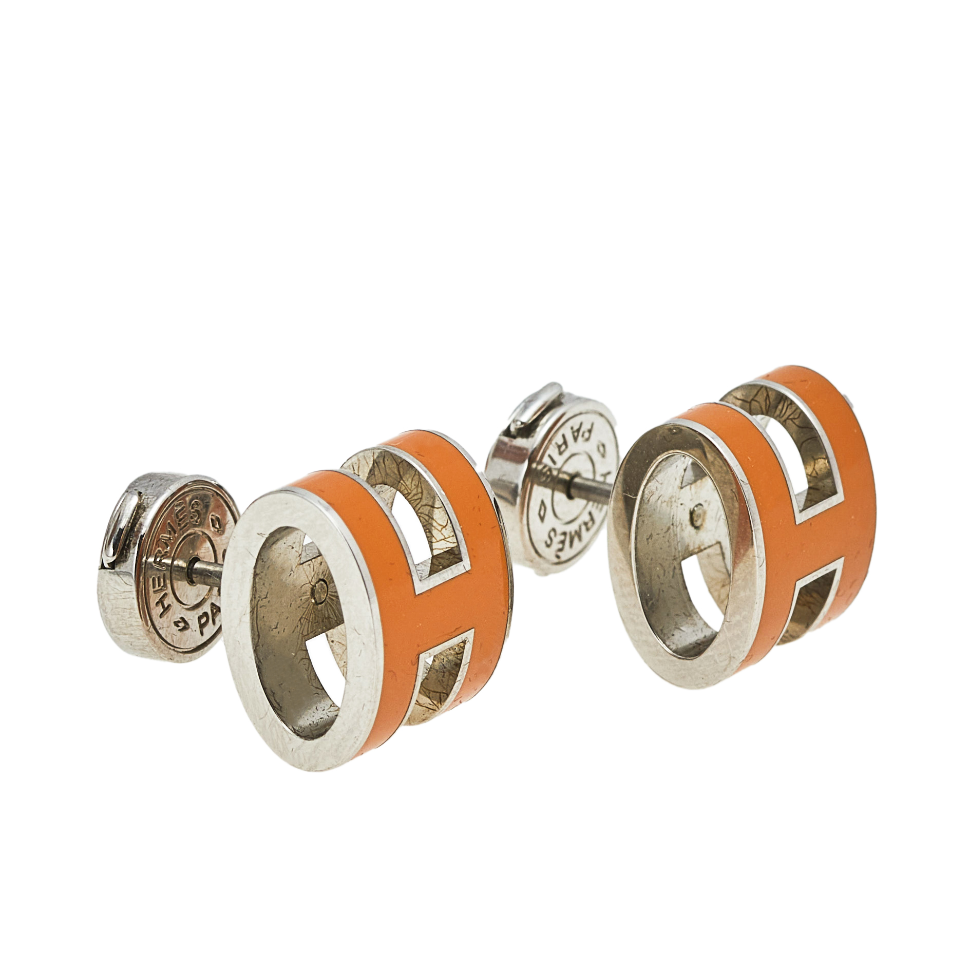 

Hermès Pop H Orange Lacquered Palladium Plated Stud Earrings