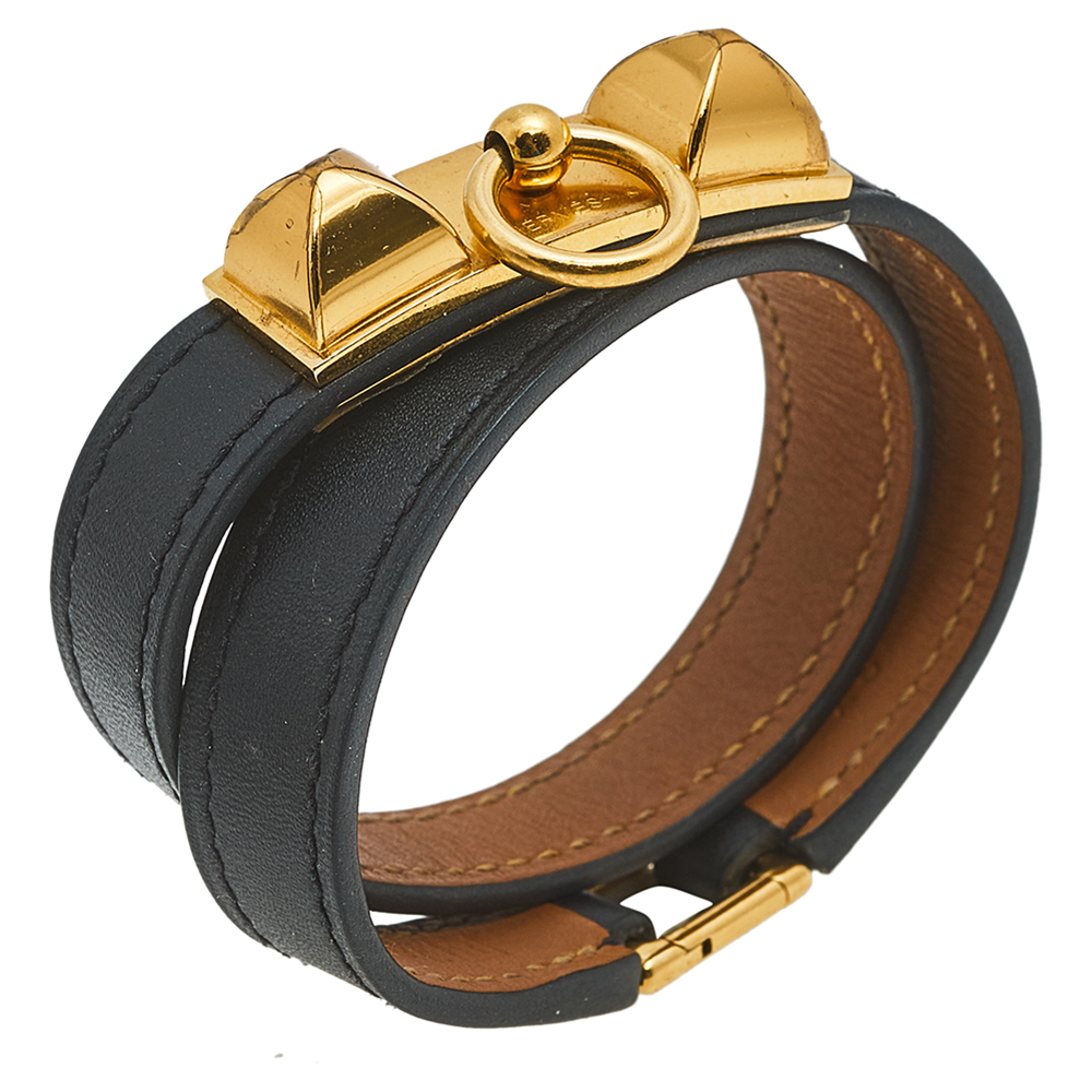 

Hermés Cuivre Swift Leather Gold Plated Mini Kelly Double Tour Bracelet T2, Black