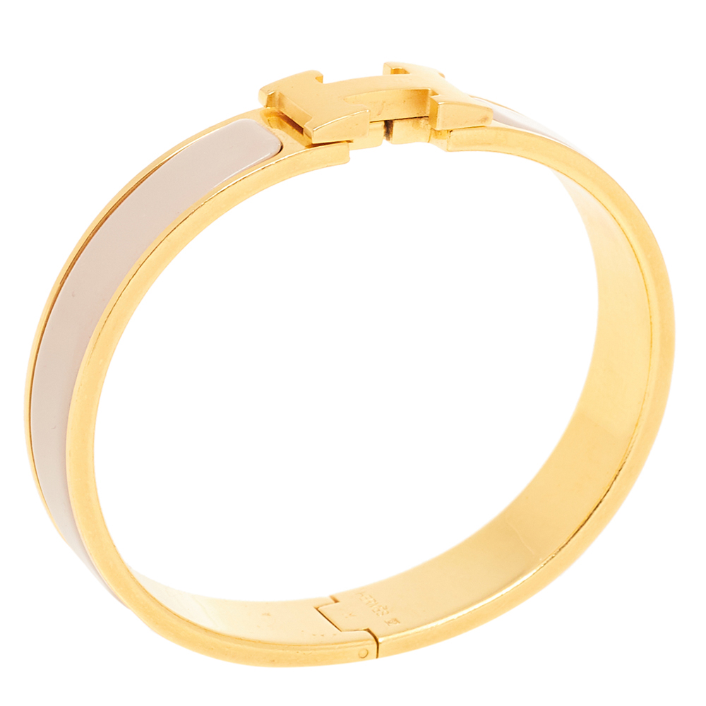 

Hermès Clic H Beige Enamel Gold Plated Narrow Bracelet