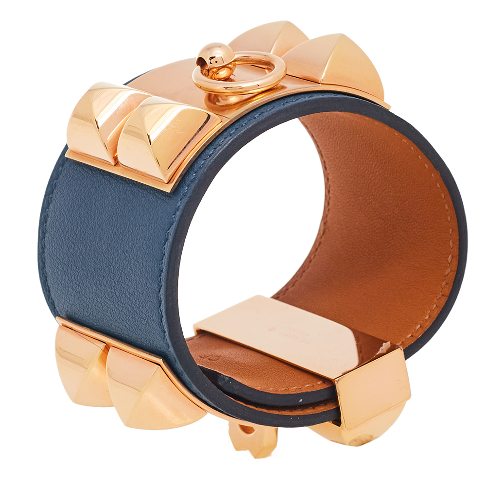 

Hermes Collier De Chien Leather Gold Plated Metal Bracelet, Blue