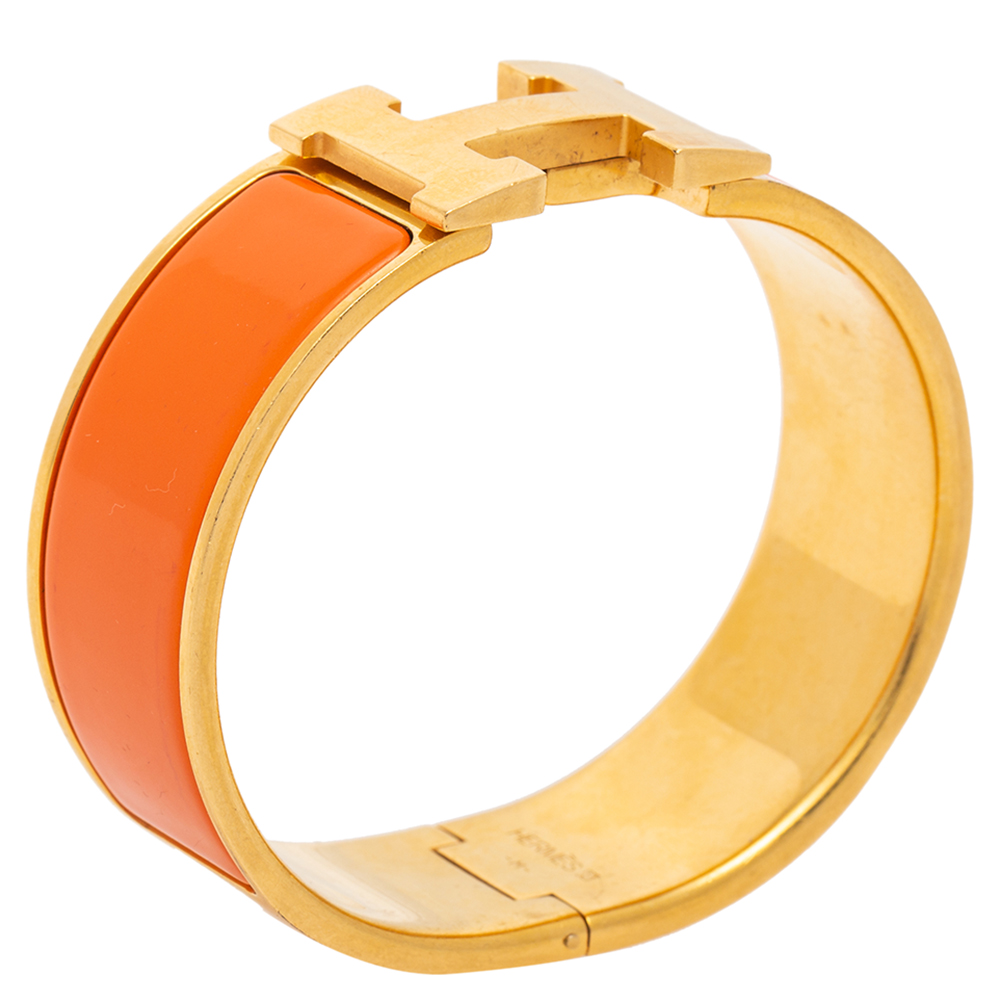 

Hermès Clic Clac H Orange Enamel Gold Plated Wide Bracelet