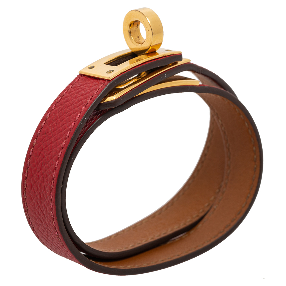 

Hermes Red Epsom Leather Gold Plated Double Wrap Kelly Bracelet