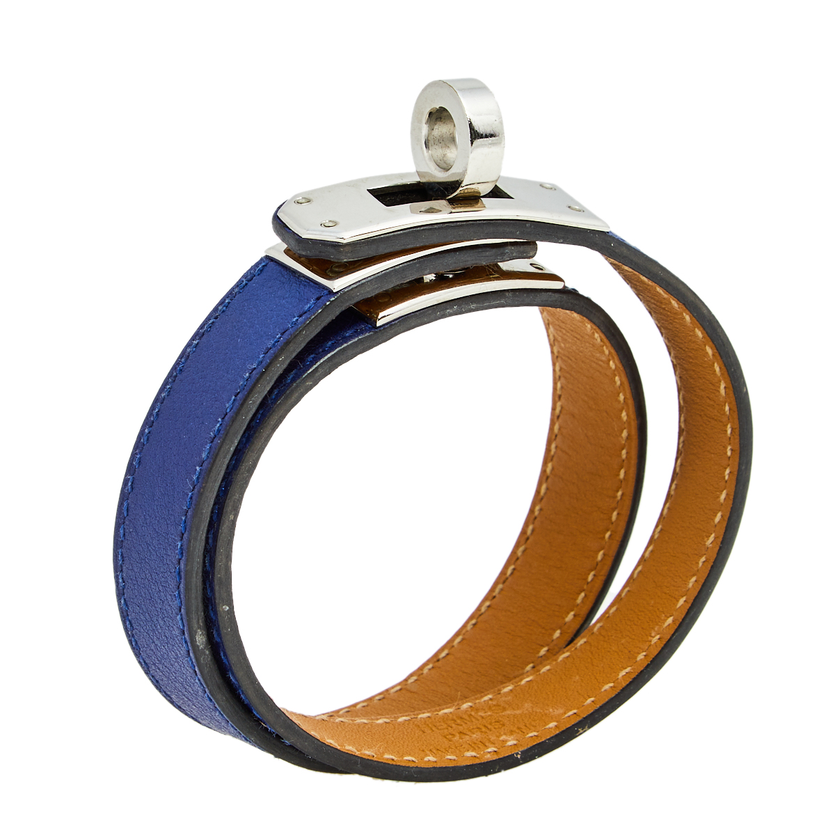 

Hermes Kelly Blue Leather Palladium Plated Double Tour Bracelet