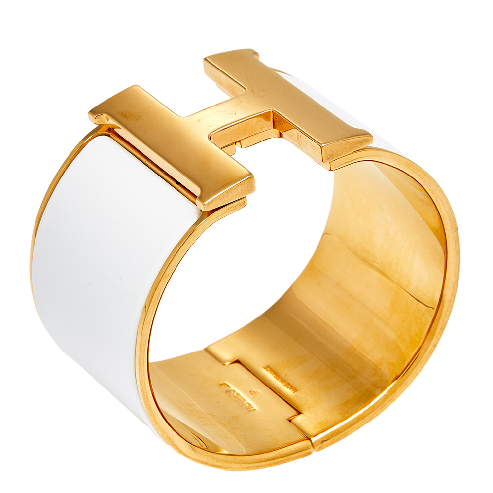 

Hermès Clic Clac H White Enamel Gold Plated Extra Wide Bracelet