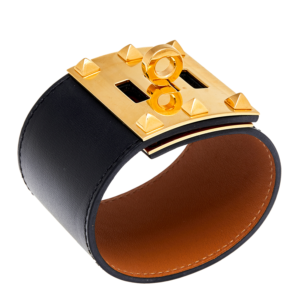 

Hermes Kelly Dog Black Leather Gold Plated Wide Bracelet