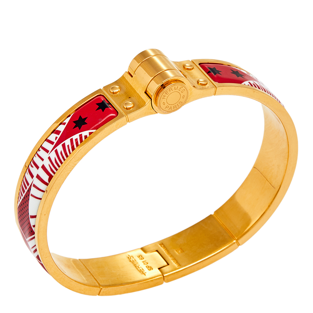 

Hermes Red Eperon D'or Bandana Rouge Enamel Gold Plated Hinged Bracelet