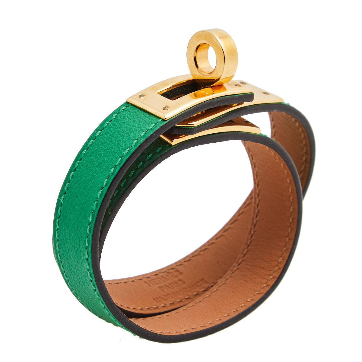 

Hermes Green Leather Gold Plated Kelly Double Tour Bracelet