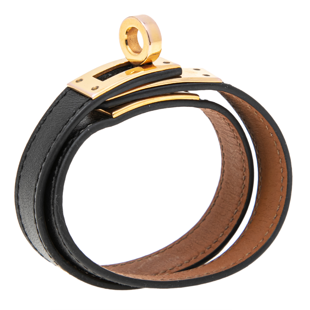 

Hermès Black Leather Gold Plated Kelly Double Tour Bracelet