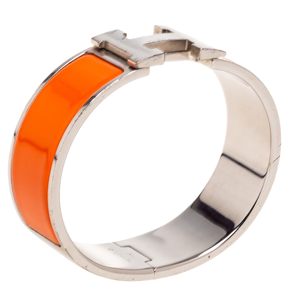 

Hermès Clic Clac H Orange Enamel Palladium Plated Wide Bracelet