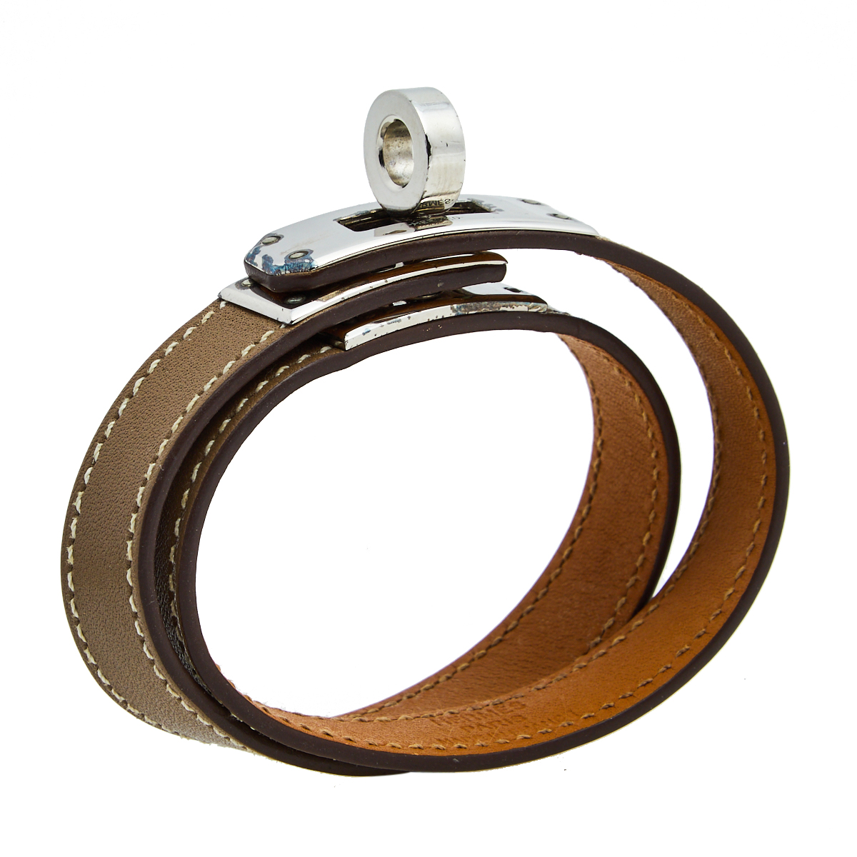 

Hermès Taupe Leather Palladium Plated Kelly Double Tour Bracelet, Brown